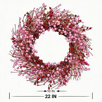 22" Valentines Wreath Artificial Pink Red Berries Door Decor