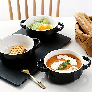 Set of 4 Double-Handle Ceramic Soup Bowls for French Onion Stew Pasta 20 Oz