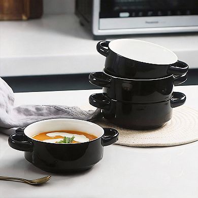 Set of 4 Double-Handle Ceramic Soup Bowls for French Onion Stew Pasta 20 Oz