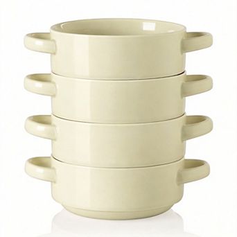 Set of 4 Double-Handle Ceramic Soup Bowls for French Onion Stew Pasta 20 Oz