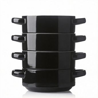 Set of 4 Double-Handle Ceramic Soup Bowls for French Onion Stew Pasta 20 Oz