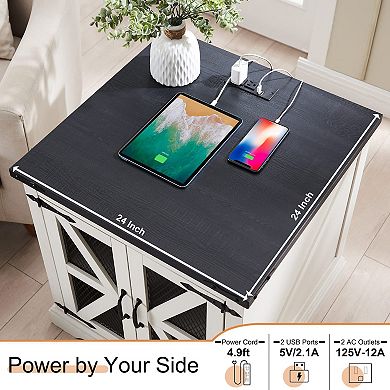 24" Farmhouse End Table Charging Station Mesh Barn Door Adjustable Shelf