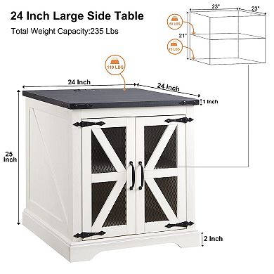 24" Farmhouse End Table Charging Station Mesh Barn Door Adjustable Shelf