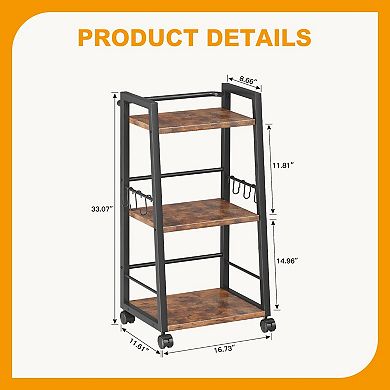 3 Tier Rolling Cart with Lockable Wheels & 6 Hooks