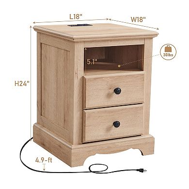 18" Nightstand Charging Station Wood End Table 2 Drawers Open Shelf