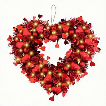 15 Inch Valentine Heart Wreath LED Roses Tinsel Door Window Wedding Decor