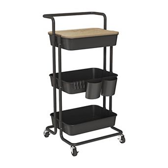 3 tier Rolling Utility Cart with Cover Top Lockable Wheels Hooks