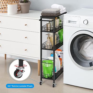 Slim Rolling 4-Tier Storage Cart Wood Handle Slide-Out Shelving