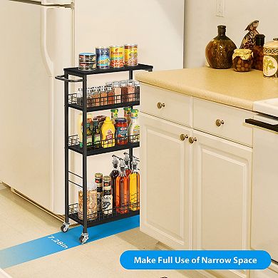 Slim Rolling 4-Tier Storage Cart Wood Handle Slide-Out Shelving