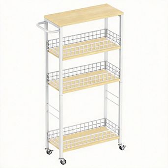 Slim Rolling 4 tier Storage Cart Wood Handle Slide-Out Shelving