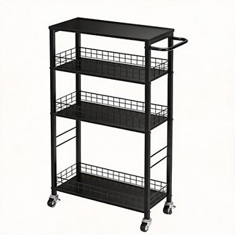Slim Rolling 4 tier Storage Cart Wood Handle Slide-Out Shelving
