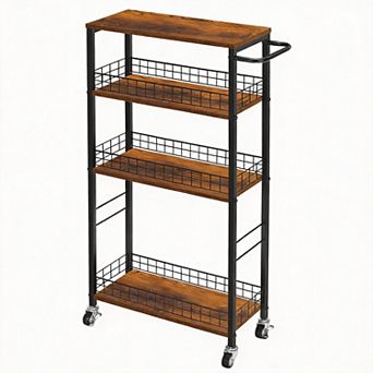 Slim Rolling 4 tier Storage Cart Wood Handle Slide-Out Shelving