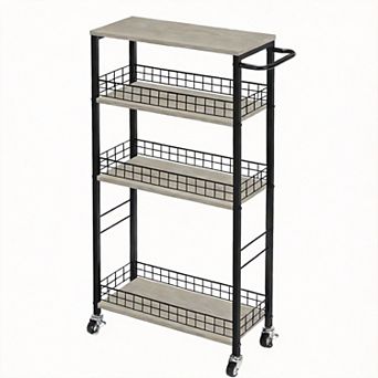 Slim Rolling 4 tier Storage Cart Wood Handle Slide-Out Shelving