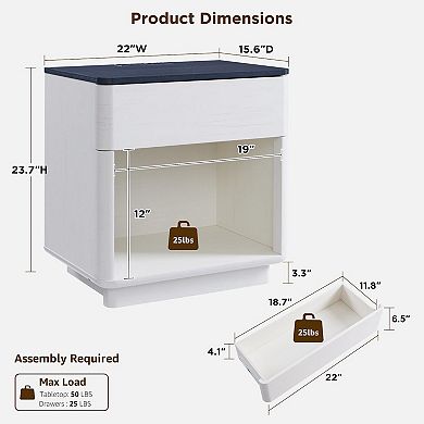 22" Modern Nightstand with Charger And Drawer Open Shelf Curved
