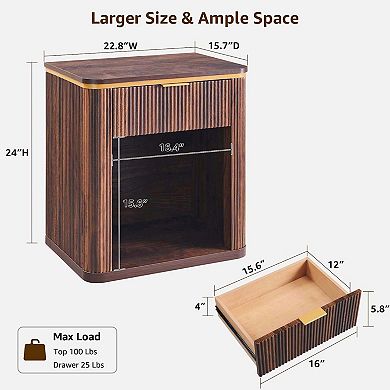 23" Mid Century Fluted Nightstand Drawer Bedside End Table