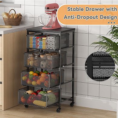 4-Tier Rolling Kitchen Cart with Wood Top & Wire Drawers