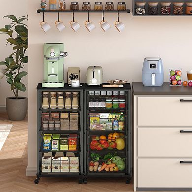 4-Tier Rolling Kitchen Cart with Wood Top & Wire Drawers