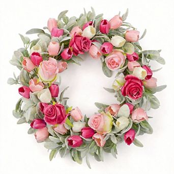 20 in Valentine Farmhouse Wreath Rose Tulip Lambs Ear Door Window Decor