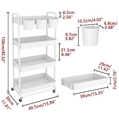 4-Tier Rolling Storage Cart with Hanging Cups Lockable Wheels
