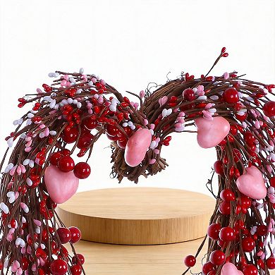 15-inch Heart-Shaped Wreath with Red Berries for Wedding and Mother's Day Decoration