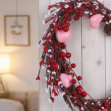 15-inch Heart-Shaped Wreath with Red Berries for Wedding and Mother's Day Decoration
