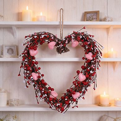 15-inch Heart-Shaped Wreath with Red Berries for Wedding and Mother's Day Decoration