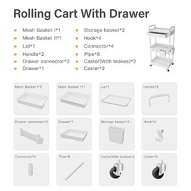 3 Tier Rolling Cart with Drawer Multifunctional Storage Organizer