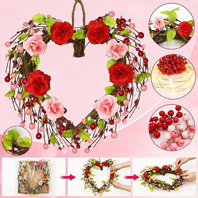 18" Valentines Wreath with Lights Timer Rose Berry Heart Decor