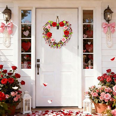 18" Valentines Wreath with Lights Timer Rose Berry Heart Decor