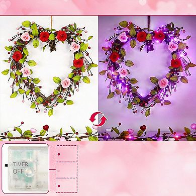 18" Valentines Wreath with Lights Timer Rose Berry Heart Decor