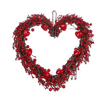 15" Valentine Heart Wreath with Red Berries for Wedding Decor