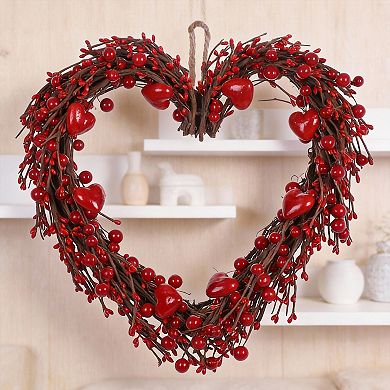 15" Valentine Heart Wreath with Red Berries for Wedding Decor