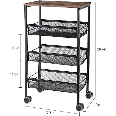 4-Tier Rolling Kitchen Cart with Wood Shelves & Lockable Mesh Baskets