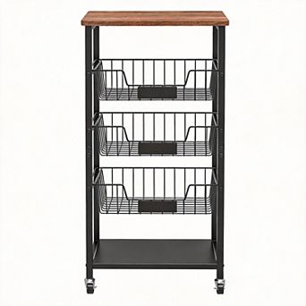 5 tier Rolling Kitchen Cart with Baskets and Wood Top