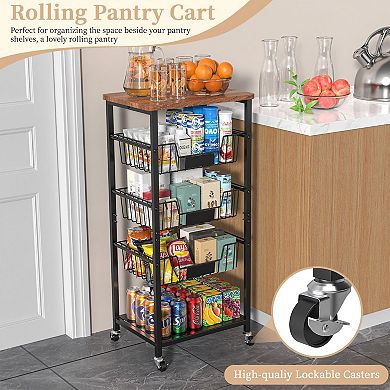 5-Tier Rolling Kitchen Cart with Baskets and Wood Top