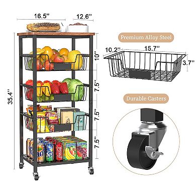 5-Tier Rolling Kitchen Cart with Baskets and Wood Top