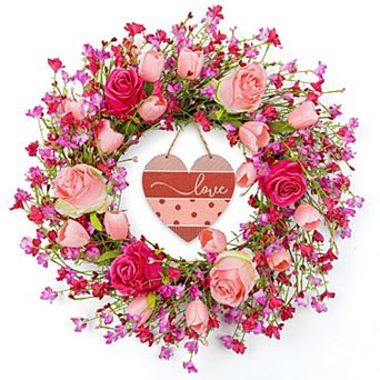 22" Valentine Wreath Roses Tulips Heart Plaque Door Decor