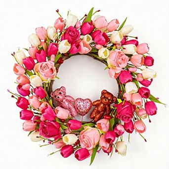22" Valentine Wreath Bear Roses Tulips Romantic Party Decor
