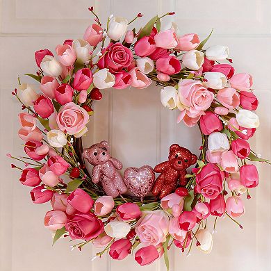 22" Valentine Wreath Bear Roses Tulips Romantic Party Decor