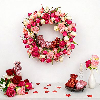 22" Valentine Wreath Bear Roses Tulips Romantic Party Decor