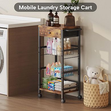 4-Tier Rolling Kitchen Cart with Fabric Drawer Pull-out Baskets Shelves