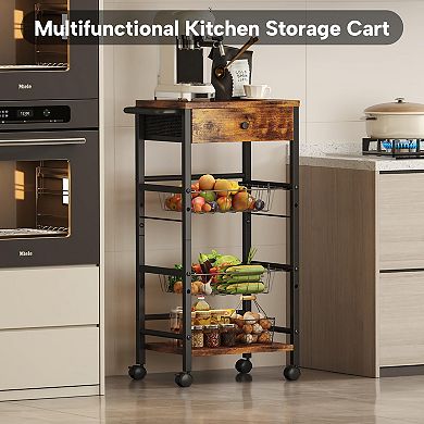 4-Tier Rolling Kitchen Cart with Fabric Drawer Pull-out Baskets Shelves