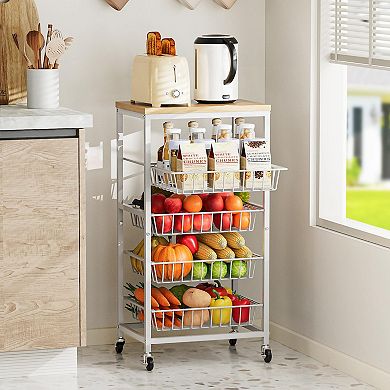 5-Tier Rolling Kitchen Cart with Pull-Out Baskets & Wood Top