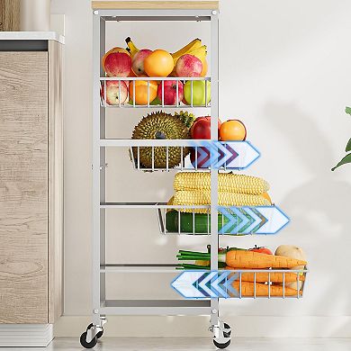 5-Tier Rolling Kitchen Cart with Pull-Out Baskets & Wood Top