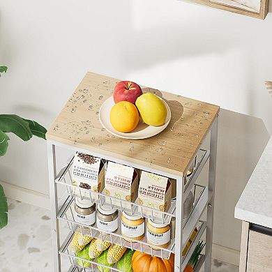 5-Tier Rolling Kitchen Cart with Pull-Out Baskets & Wood Top