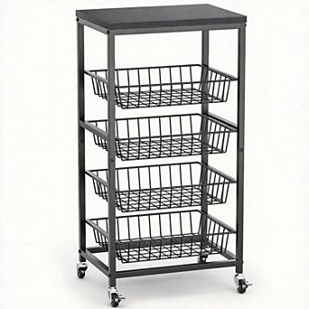 5 tier Rolling Kitchen Cart with Pull-Out Baskets & Wood Top