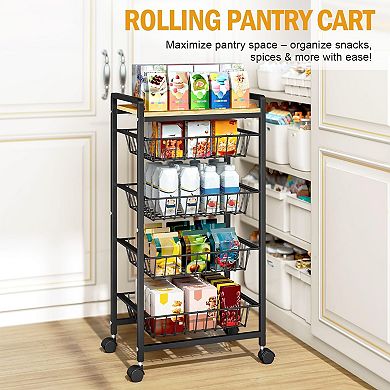 5-Tier Rolling Kitchen Cart with Tabletop Storage Baskets with 4 Pack Mats