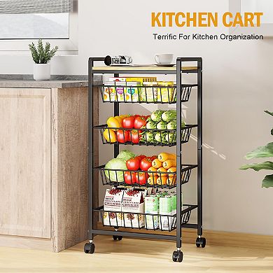 5-Tier Rolling Kitchen Cart with Tabletop Storage Baskets with 4 Pack Mats