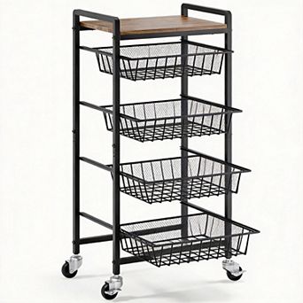 5 tier Rolling Kitchen Cart with Tabletop Storage Baskets with 4 Pack Mats