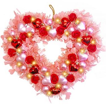 15" Valentine Heart Wreath LED Roses Tinsel Door Window Wedding Decor
